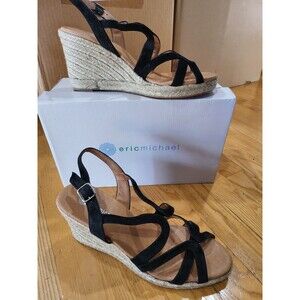 Eric Michael Black Wedge Sandals Womens 7.5-8 Strappy Leather Heel Summer Shoe